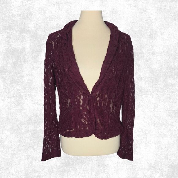 INC Burgundy Lace Blazer Jacket - Sheer Romantic Layer - Size Large - Picture 6 of 7
